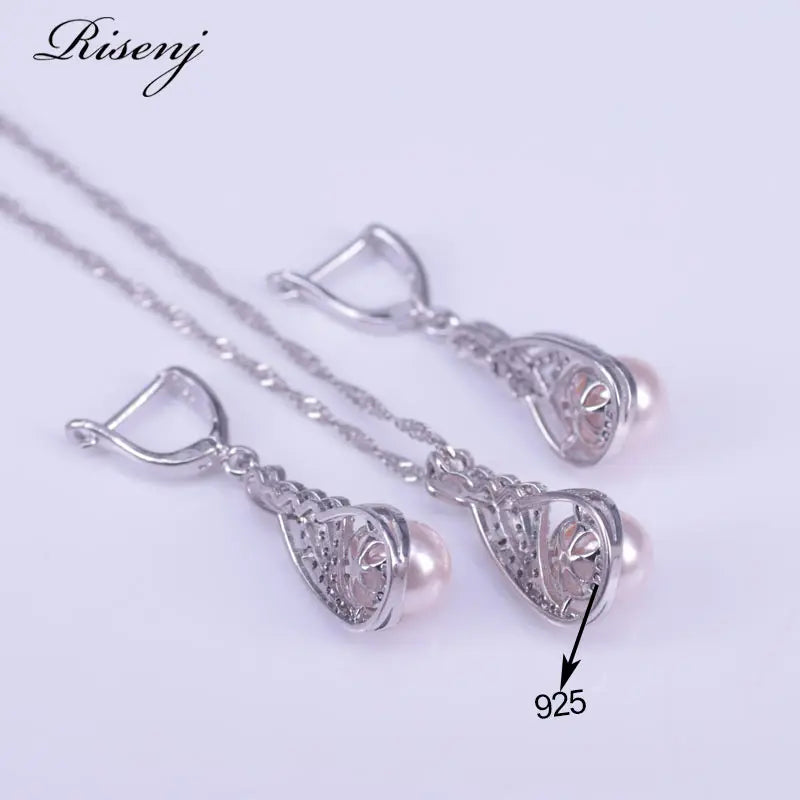 Pink Freshwater Pearl Silver 925 Jewelry Set White Zircon Costume Jewelry Set for Women Earrings Ring Necklace Set Free Shipping