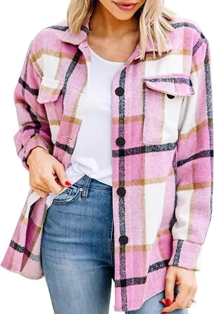 Women Flannel Casual Plaid Button Down Long Sleeve Woolen Shirt Vintage Elegant Fashion Jacket Coat Fashion Woman Blouse