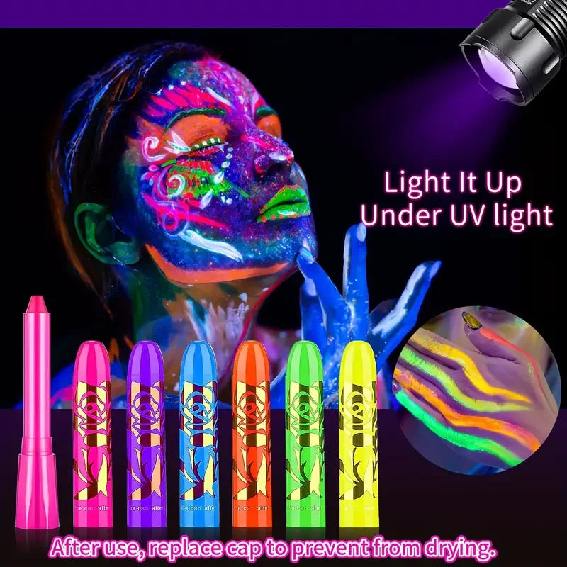 6PCS/12PCS Neon UV Glow Face&Body Painting Kit Crayons-Vibrant Black Light-up Make-up sticks for Mardi Gras,Halloween,Masquerade