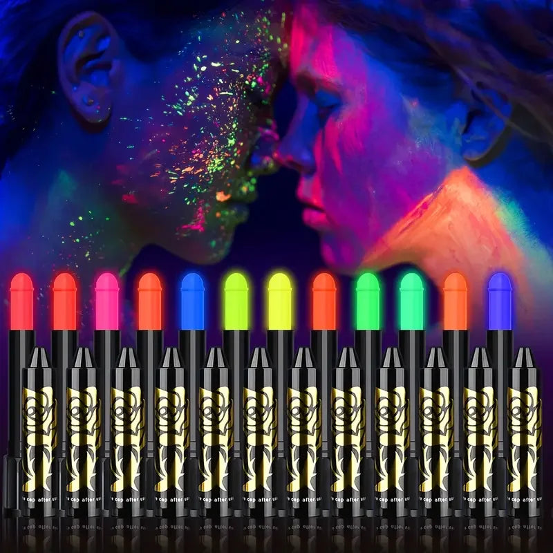 6PCS/12PCS Neon UV Glow Face&Body Painting Kit Crayons-Vibrant Black Light-up Make-up sticks for Mardi Gras,Halloween,Masquerade