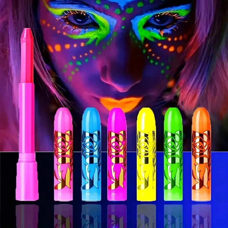 6PCS/12PCS Neon UV Glow Face&Body Painting Kit Crayons-Vibrant Black Light-up Make-up sticks for Mardi Gras,Halloween,Masquerade