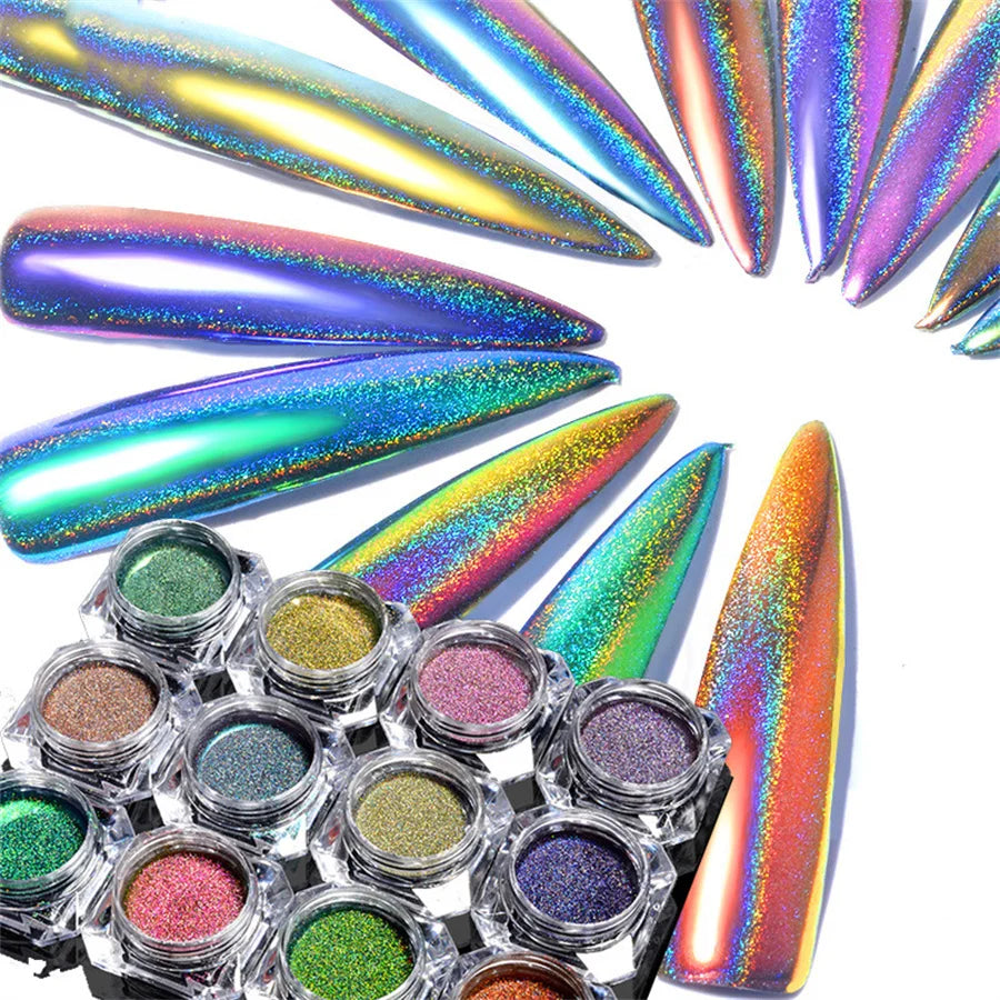 12 Colors Chrome Nail Powder Kit, 12PCS Chrome Powder 0.035mm 1/700 Laser Chameleon Rainbow Powder For Gel Nails Glitter