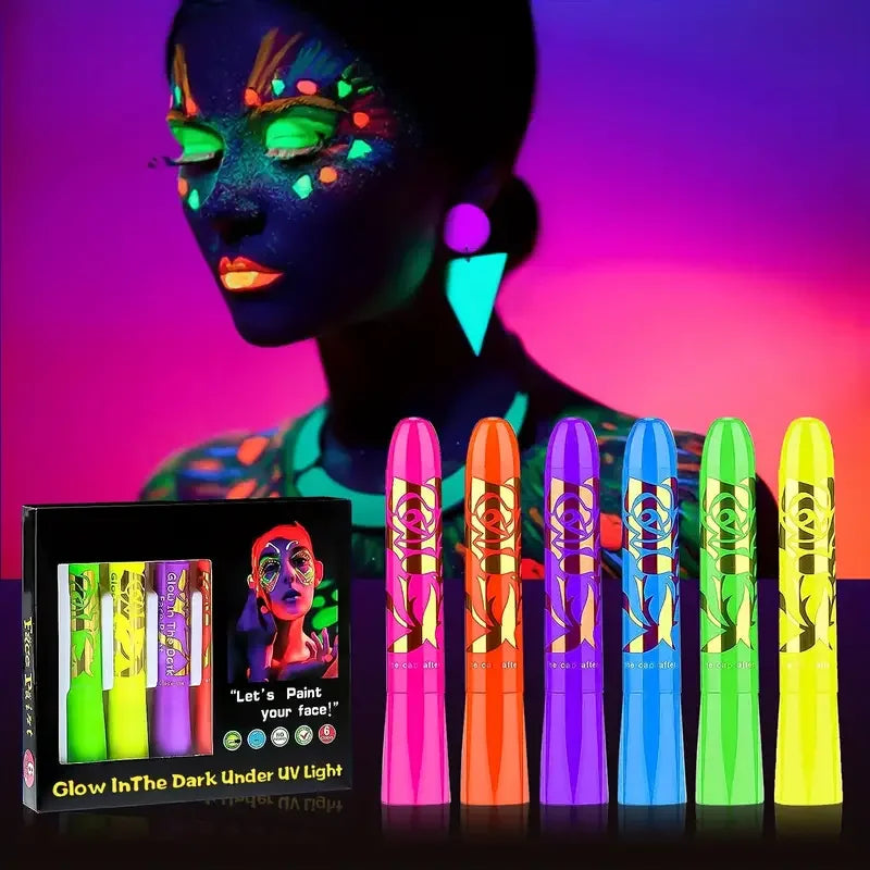 6PCS/12PCS Neon UV Glow Face&Body Painting Kit Crayons-Vibrant Black Light-up Make-up sticks for Mardi Gras,Halloween,Masquerade