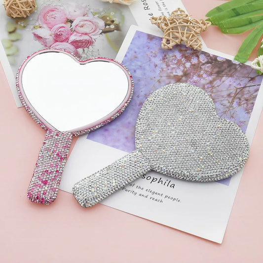 Diamond Handheld Makeup Mirror Love Heart Mirror Female Handle Makeup Cosmetic Beauty Tools Handheld Vanity Make Up Mirror