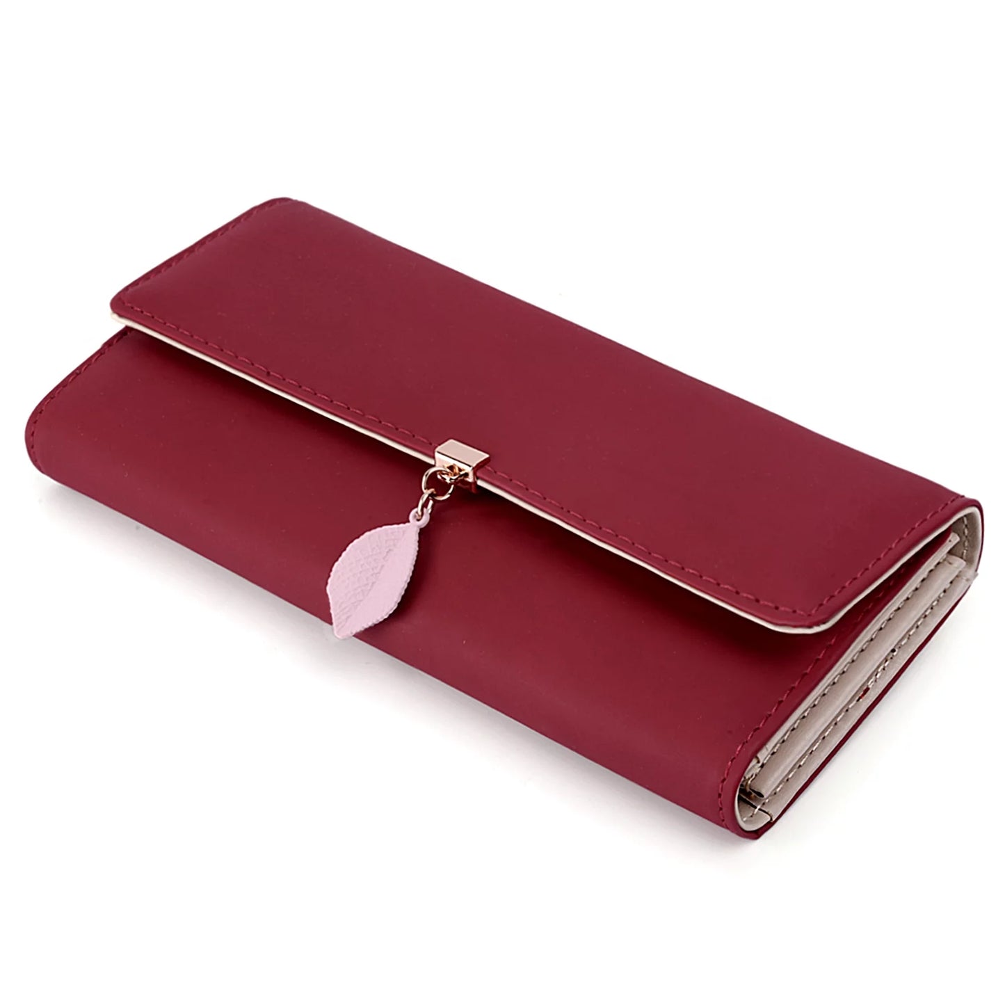 Womens Wallet PU Leather RFID Blocking Card Holder Elegant Zipper Coin Purse Leaf Pendant(Wine)