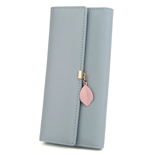 Womens Wallet PU Leather RFID Blocking Card Holder Elegant Zipper Coin Purse Leaf Pendant(Light Blue)