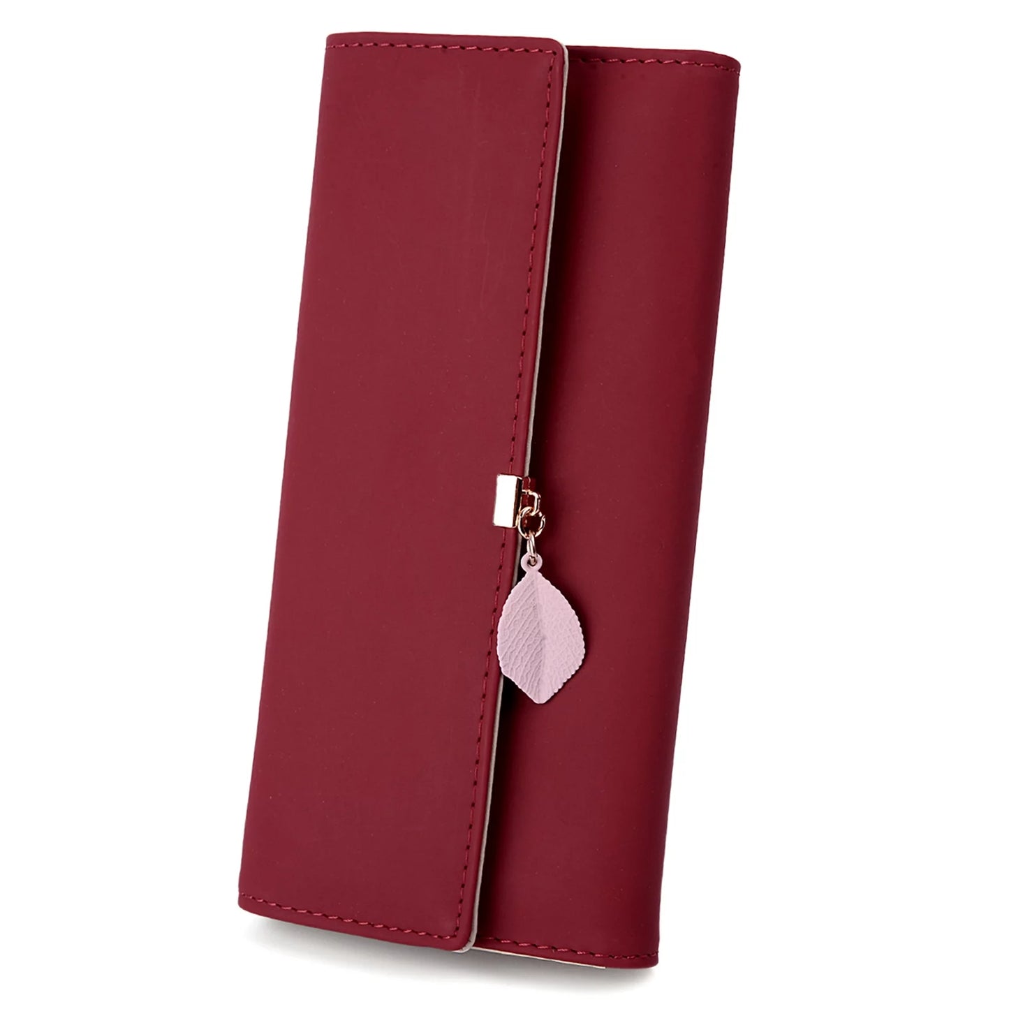 Womens Wallet PU Leather RFID Blocking Card Holder Elegant Zipper Coin Purse Leaf Pendant(Wine)